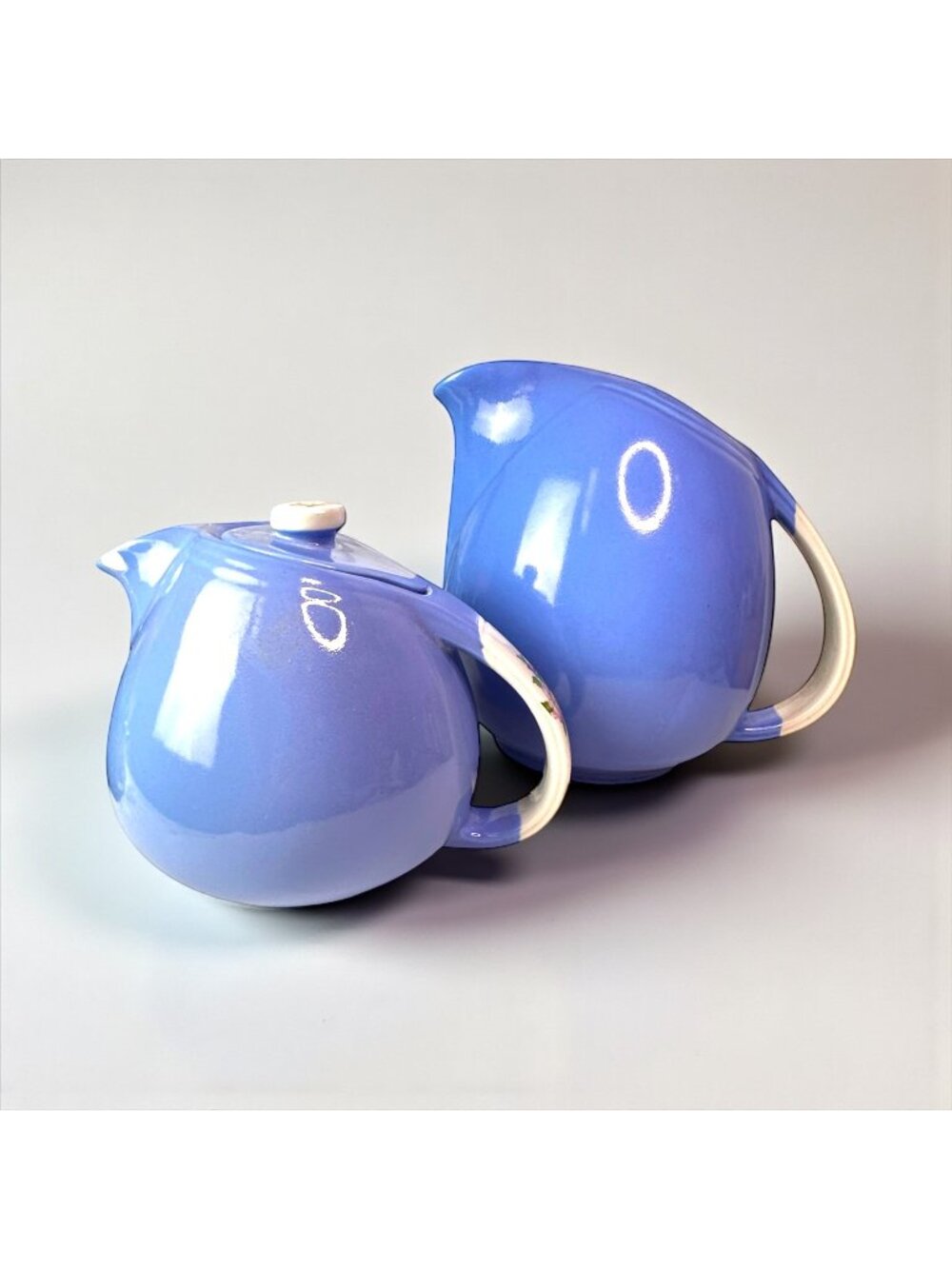 Vintage Blue Ceramic Pitcher & Teapot Set With Floral Handle Accent Elegant Roun